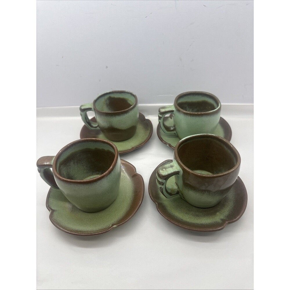 Vintage Frankoma Plainsman Prairie Green Set 4 Cups  5C & 4 Saucers 5E MCM
